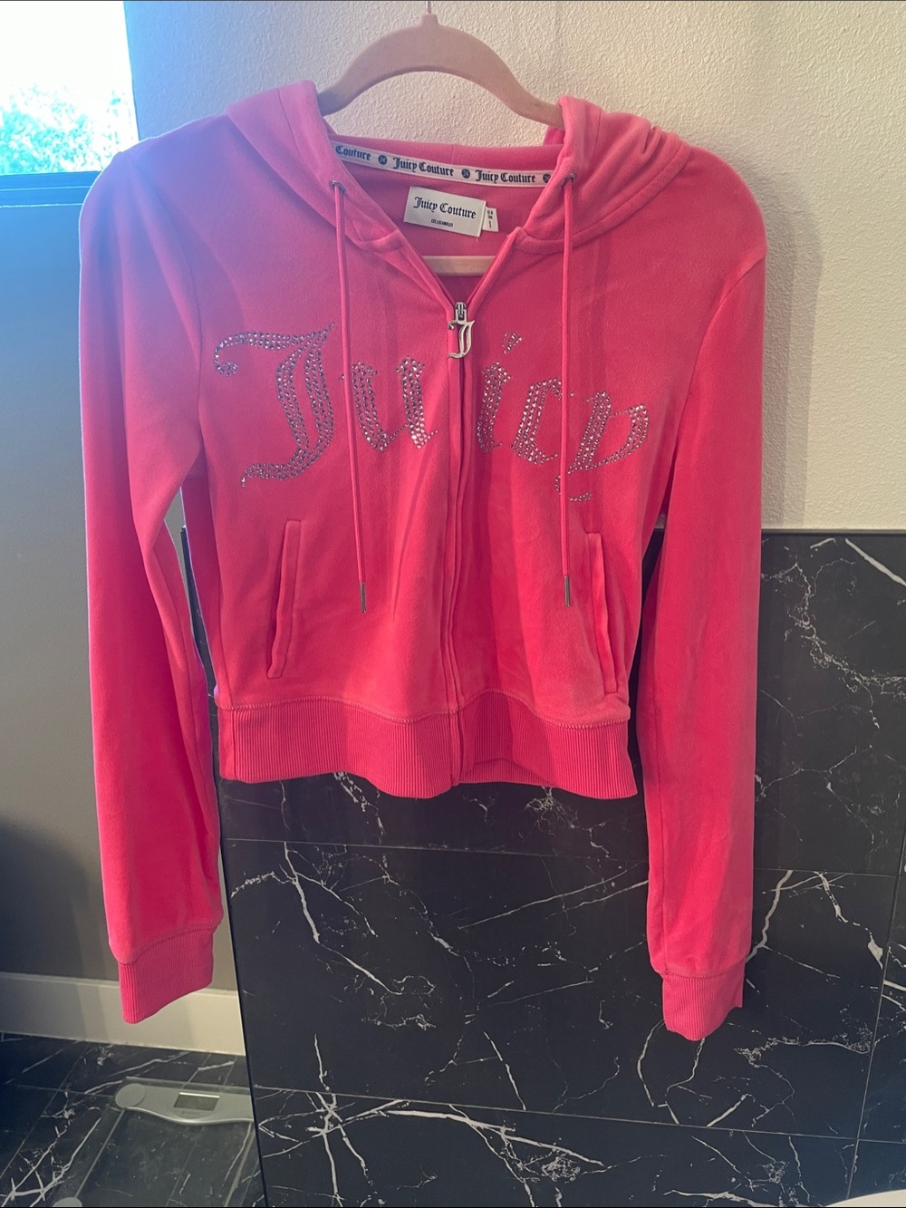 Juicy Couture Bubblegum Pink Velour Rhinestone Logo Zip Hoodie